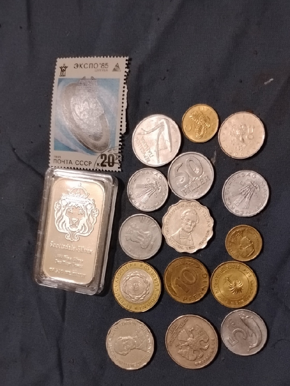 Silver Billion Bar and Mixed World Coins - Silver & Gold Tones